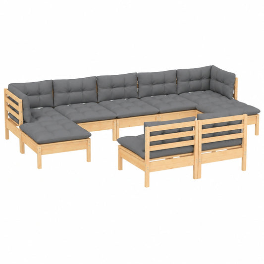 Conjunto de Muebles de Jardín 9 Piezas con Cojines, Sofá y Sillas de Madera de Pino Gris