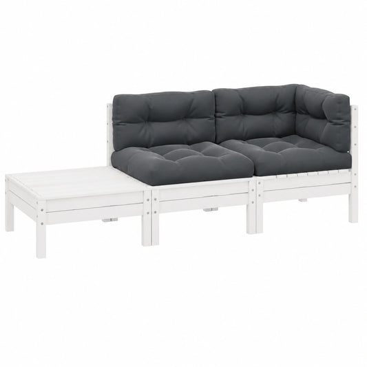 Conjunto de Muebles de Jardín 3 Piezas con Cojines Blancos de Madera de Pino