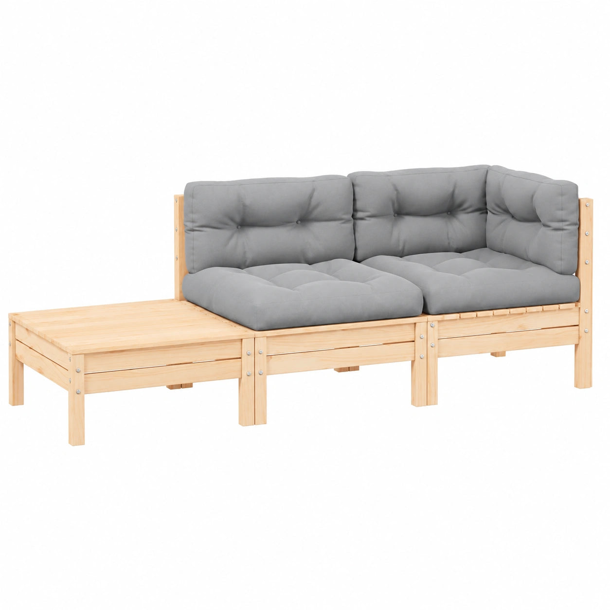 Conjunto de Jardín 3 Piezas con Cojines, Sofá, Silla y Mesa de Madera de Pino para Patio, Terraza, Exterior - Gris