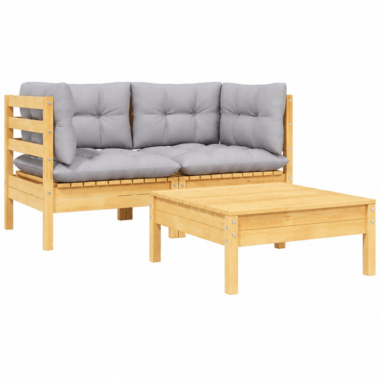 Set de Muebles de Jardín 3 Piezas con Cojines, Sofá y Silla de Madera de Pino en Gris
